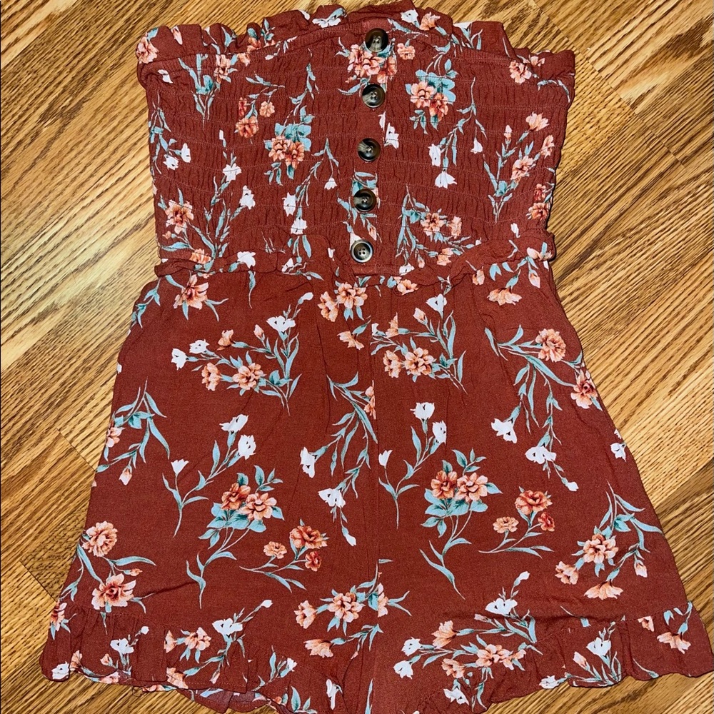 Burnt orange floral strapless shorts romper